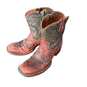 Dan Post Square Toe Western Boots Womens 9 Brown Red Tooled Rustic Zip Short